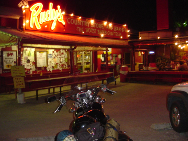 Rudy's Barbeque...The worst Barbeque in Texas, or so was written on the banner. Don't let the banner fool you, this was the awesomest Barbeque place I have ever seen. I plan on riding back through Texas just for that!